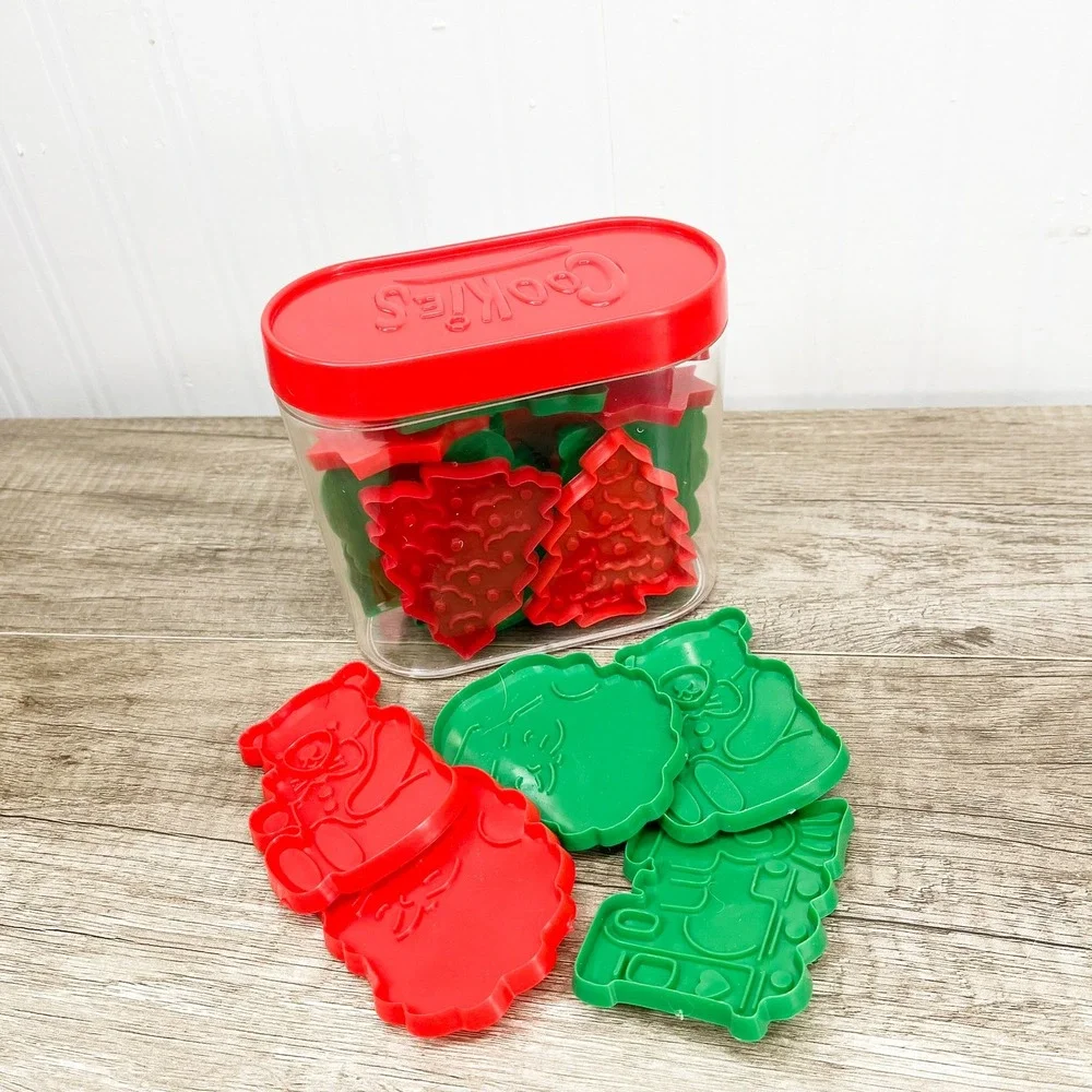 Vintage Christmas Cookie Cutter Set Red Green Plastic Holiday Shapes With Case